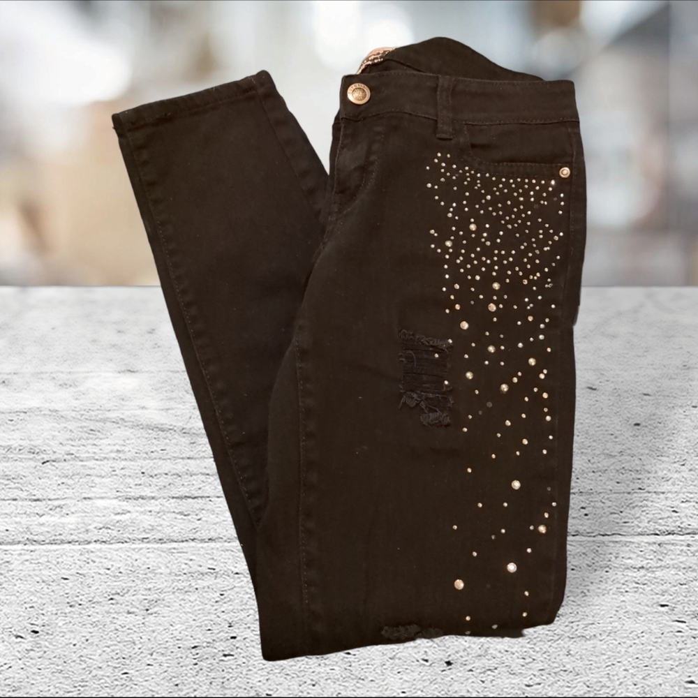 Hot kiss distressed blinged out skinny lily black jeans junior size 9